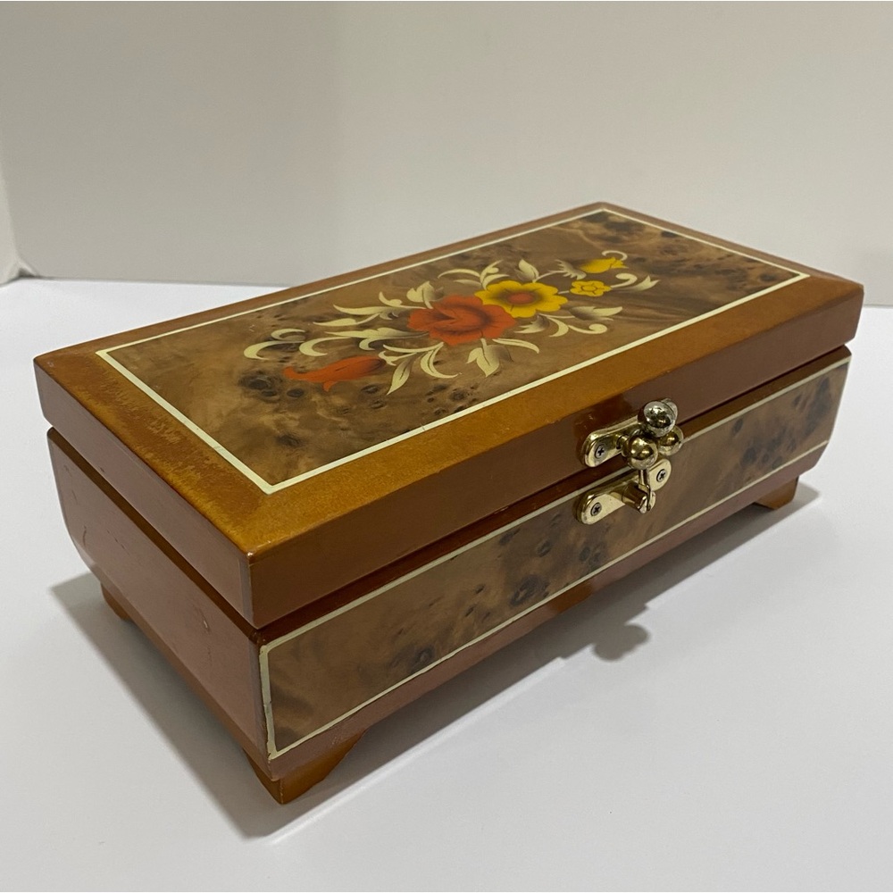 VTG Kimco Japan Wooden Jewelry Box Floral Inlay Red Velvet Lining Mirror READ
